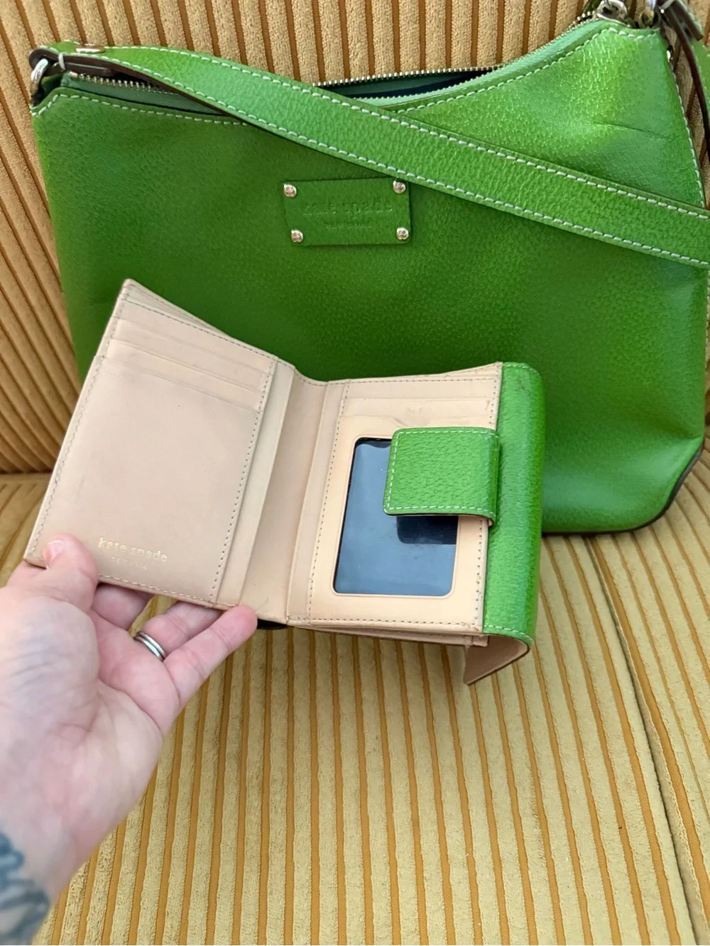 Green Leather Shoulder Bag with Matching Wallet